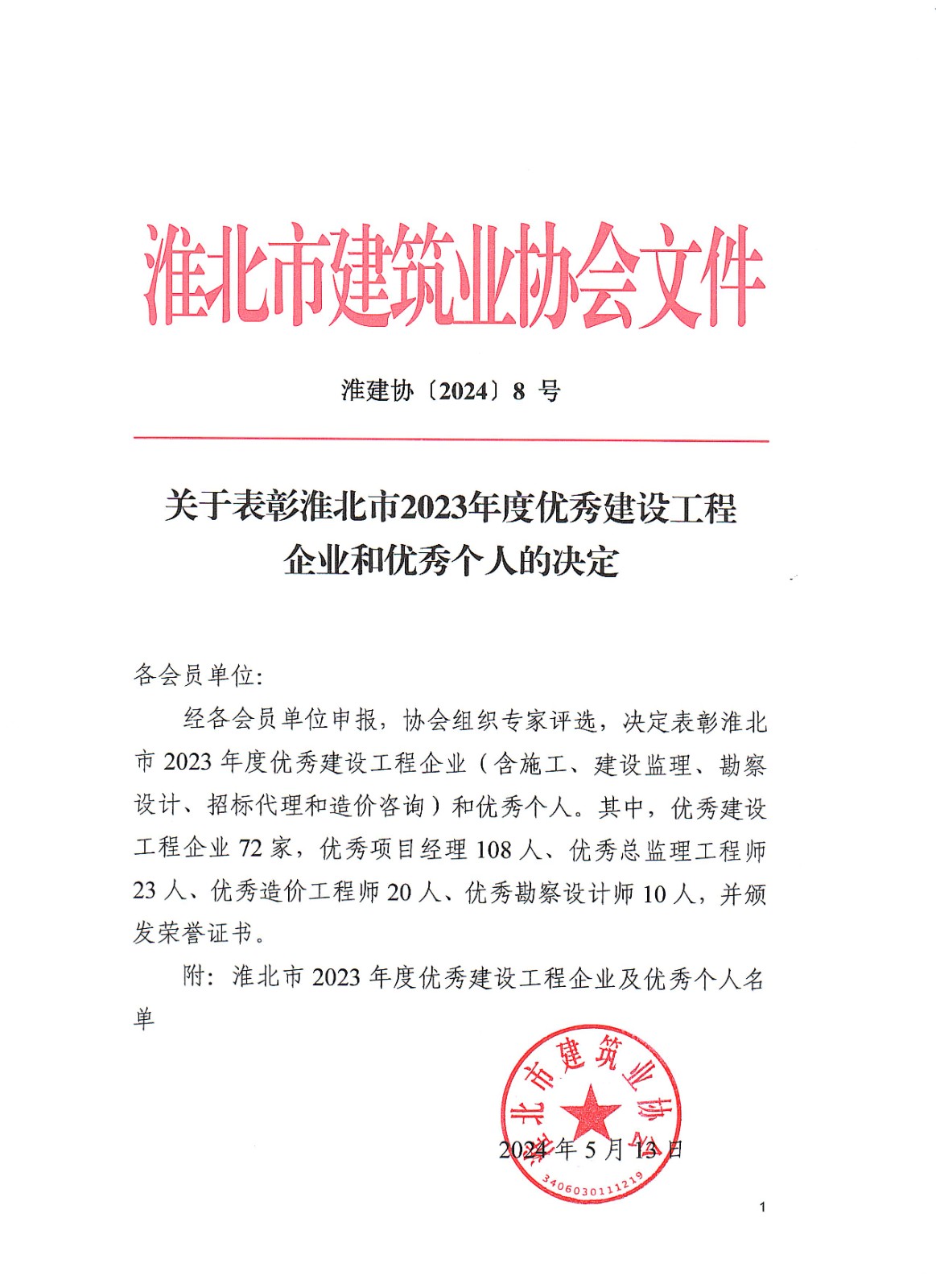 关于表彰淮北市2023年度优秀建设工程企业和优秀个人的决定